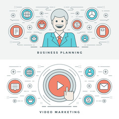 Poster - Business planning and video marketing line style play button illustration and vector outline icons