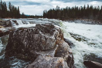 Wall Mural - Waves and splashes of mountain river on background of forest, rocks and dramatic sky. Forest river water landscape. Wild river in mountain forrest panorama