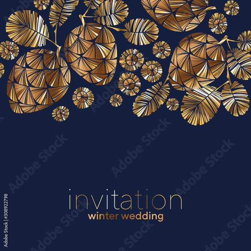 Luxury golden winter pine cone on deep blue