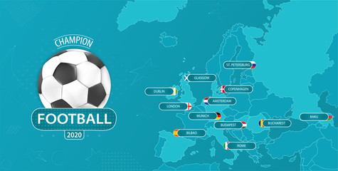 vector illustration for imaginary football championship with a map with host countries marked, and a