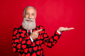 Poster - Close-up portrait of his he nice attractive cheerful cheery confident glad gray-haired man demonstrating holding on palm ad advert solution isolated on bright vivid shine vibrant red color background