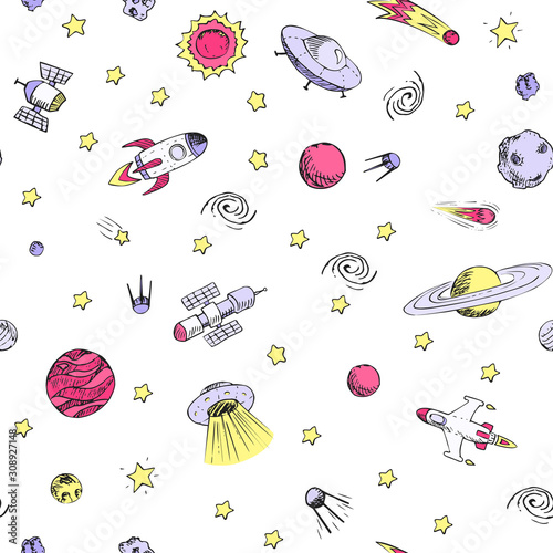 wzor-z-obiektami-kosmicznymi-statki-kosmiczne-rakiety-planety-latajace-spodki-astronauci-gwiazdy-komety-ufo-itp