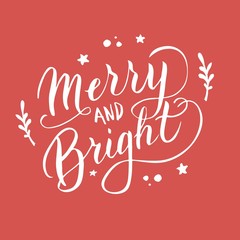 merry and bright font postcard. new year greeting typography lettering. celebration poster, banner, 