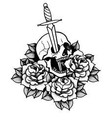 Canvas Print - Tattoo with roses and snake, skull, sword and dagger.