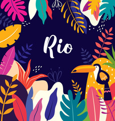 Wall Mural - Vector colorful illustration with tropical flowers, leaves and toucan. Brazil tropical pattern.