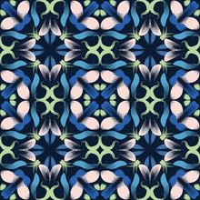 Classic Blue Floral Symmetry Motif Background. Dark Abstract Flower Leaf Mosaic Seamless Pattern. Elegant Exotic Tropical Bloom Stained Glass Effect Indigo Textile . Repeat Illustration Vector EPS 10