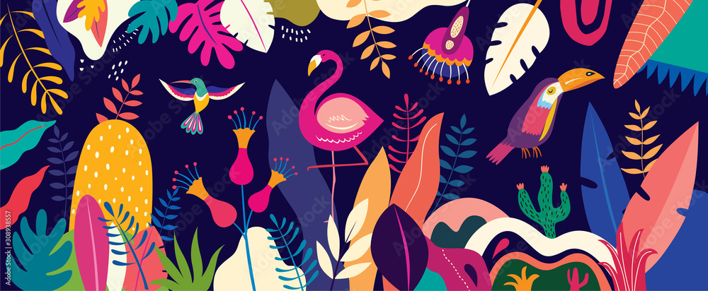 Vector colorful illustration with tropical flowers, leaves, flamingo and birds. Brazil tropical pattern. - obrazy, fototapety, plakaty 