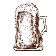Vector Hand Drawn Traditional Beer Glass Full Of Wheat Beer With Foam. Beautiful Vintage Etched Beer Mug Or Tankard With Dropping Froth Isolated On White Background. Alcoholic Beverage In Glassware