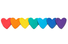 Colorful Hearts Made Of Modeling Clay On White Background, Top View. Rainbow Palette