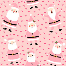 Cute Christmas Seamless Pattern With Santa Claus And Hearts On Pink Background For Holiday Designs