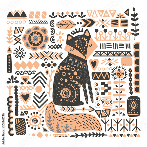 Photographie Folk art fox flat vector illustration