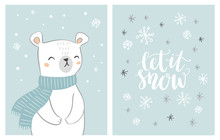 Cute Hand Drawn Polar Bear Card Set With Hand Written Text Let Is Snow On Snowy Background. Bear Character With Snowflakes. Christmas Design.
