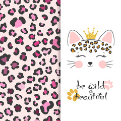 Little cute leopard head vector illustration with leopard print. T-shirt design for kids.