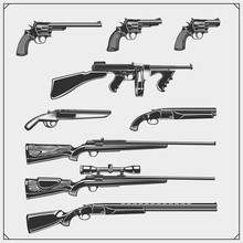 Collection Of Guns. Revolvers, Hunting Rifles, Machine Guns, Shotguns. Vector Monochrome Illustration.