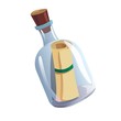 Glass bottle with cork and antique parchment scroll inside isolated on white background. Secret message on sheet of paper, mysterious letter from castaway. Flat cartoon colorful vector illustration.