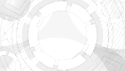 Poster - Gray abstract background with translucent geometric shapes. Modern backdrop template with figures, lines and round frame or border in center. Monochrome vector illustration in flat minimalist style.