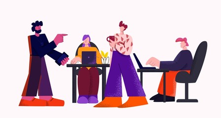 Poster - Team leader at digital marketing meeting in modern office isolated at white background. People developing content strategy of working modern IT design studio flat vector illustration big limbs style