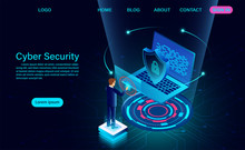 Cyber Security Concept Banner. Protect Data And Confidentiality And Data Privacy Protection Concept With Icon Of A Shield And Mobile. Flat Isometric Vector Illustration