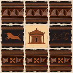 Wall Mural - Vector banner on the theme of Ancient Greece in the form of a set of stone tiles, clay or ceramic tiles. Illustrations with Greek ornaments, Cretan bulls and the facade of the Parthenon in retro style