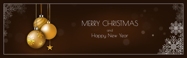 Wall Mural - Golden Christmas balls and snowflake with light bokeh on dark brown background