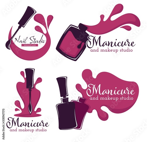 Cuadros en Lienzo Manicure and makeup studio logo set with spilled nail polish