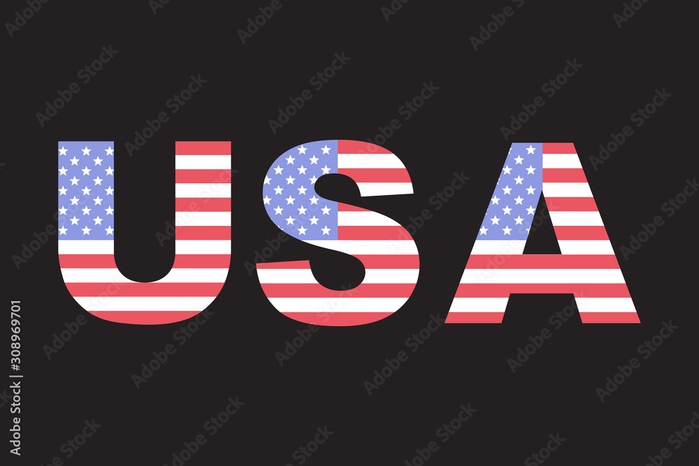 USA flag text, American flag in letters, isolated on black background ...