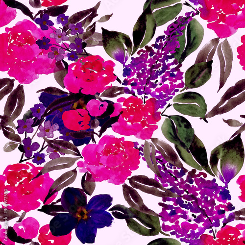 Watercolor seamless pattern with hand drawn flower. Vintage floral print. Bot...