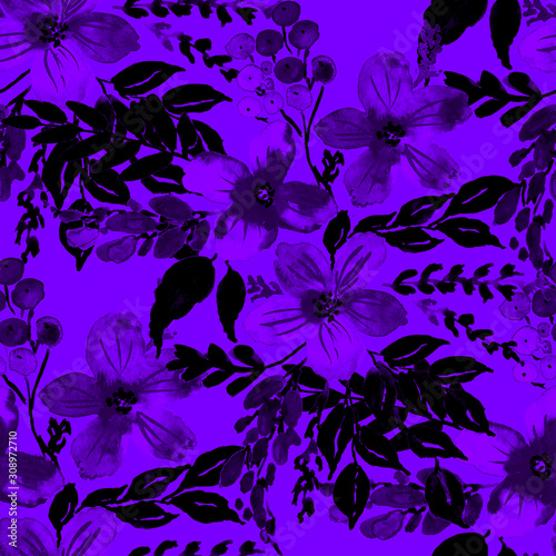Watercolor seamless pattern with hand drawn flower. Vintage floral print. Bot...