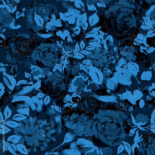 Watercolor seamless pattern with hand drawn flower. Vintage floral print. Bot...