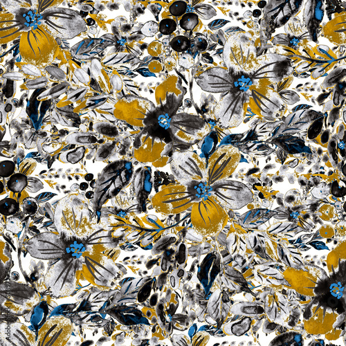 Watercolor seamless pattern with hand drawn flower. Vintage floral print. Bot...