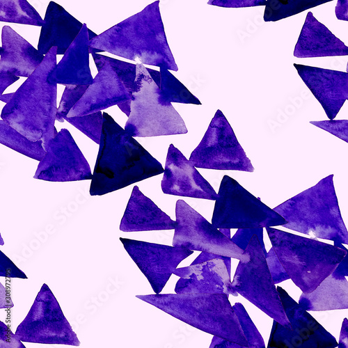 Watercolor seamless pattern with colorful triangles. Abstract geometric textu...
