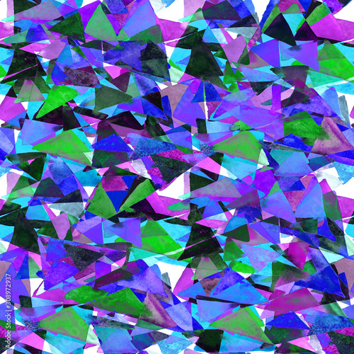 Watercolor seamless pattern with colorful triangles. Abstract geometric textu...