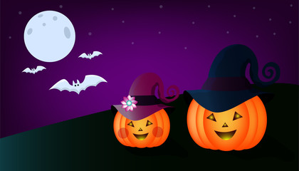 Happy Halloween banner, poster with two pumpkins, round moon and stars, three bats, dark green grass on isolated background