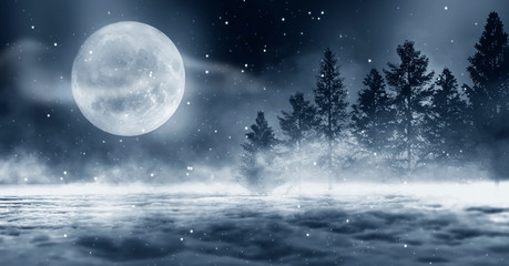 Wall Mural - Dark winter forest background at night. Snow, fog, moonlight. Dark neon night background in the forest with moonlight. Neon figure in the center. Night view, magic.