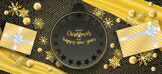 Wall Mural - Happy new year and Merry Christmas. Design with gift box and gold snowflakes on black and gold background .vector. illustration.