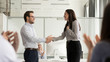 Smiling businessman handshake happy female employee greeting with success