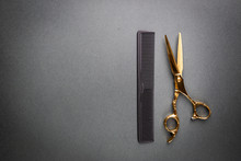 Various Hair Dresser And Cut Tools On Black Background With Copy Space