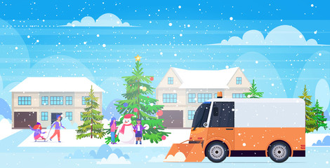 snow plow truck cleaning street afrer snowfall winter snow removal concept countryside background horizontal vector illustration