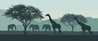 Realistic illustration of African landscape and safari. Elephant with giraffe on savanna among trees on clear summer day under green sky, vector