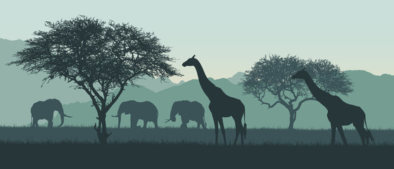realistic illustration of african landscape and safari. elephant with giraffe on savanna among trees