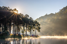 Morning Sunlight And Misty Reservoir At Pang Oung Or Pang Tong Royal Project (Mae Hong Son, Thailand)