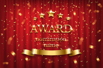 Wall Mural - Golden shiny award sign with star and ribbon isolated on red background. Vector illustration.