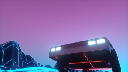 Wall Mural - Retro futuristic car in 1980s style moves on a virtual neon landscape. 3d illustration