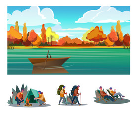 Outdoor tourism flat vector illustration set. Couple of tourist enjoying landscape, camping, hiking. Adventure, travel, lifestyle concept