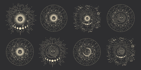 Wall Mural - vector illustration set of moon phases. different stages of moonlight activity in vintage engraving 