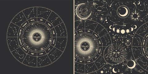 vector illustration set of moon phases. different stages of moonlight activity in vintage engraving 