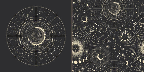 vector illustration set of moon phases. different stages of moonlight activity in vintage engraving 