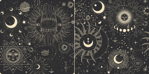 Vector illustration set of moon phases. Different stages of moonlight activity in vintage engraving style. Zodiac Signs