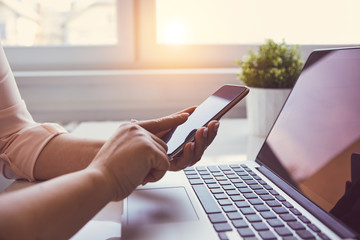 Wall Mural - woman using mobile phone while sitting in office