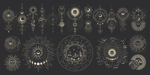 vector illustration set of moon phases. different stages of moonlight activity in vintage engraving 